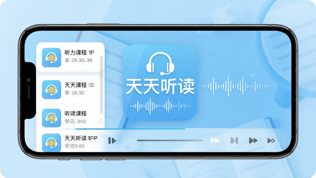 天天听读APP主界面展示,手机屏幕中呈现听力课程列表与播放控制条,背景为浅蓝色学习氛围,画面中央清晰显示“天天听读”文字标识,布局简洁,风格现代清新,细节包含耳机图标与音频波纹,画质高清,干净无多余元素
