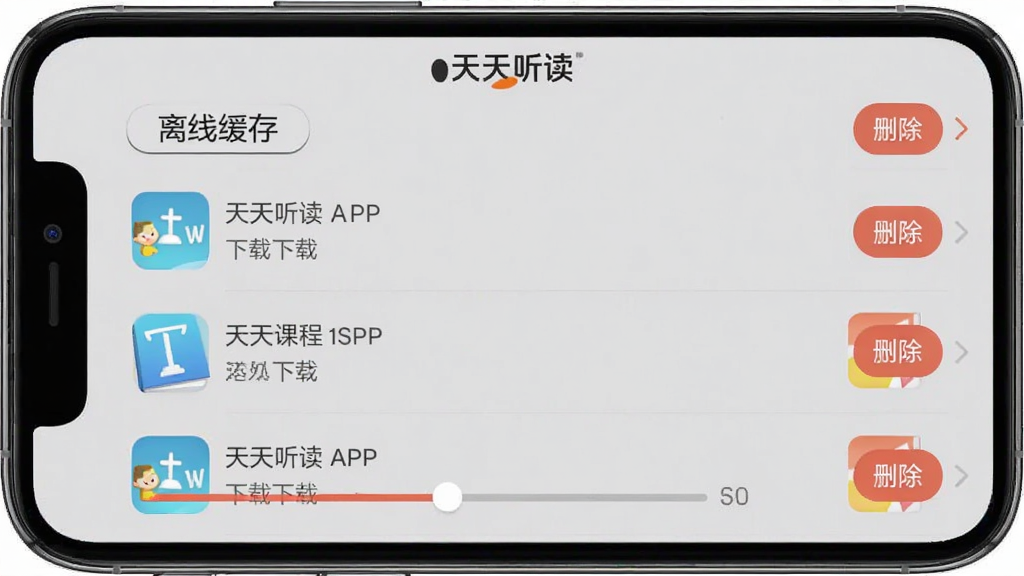 天天听读APP离线下载管理界面,手机屏幕展示已下载课程列表与下载进度条,界面中有“离线缓存”标签与删除按钮,背景为浅灰色,整体布局整齐,画面中包含“天天听读”标识,风格简约实用,画质高清,无多余装饰