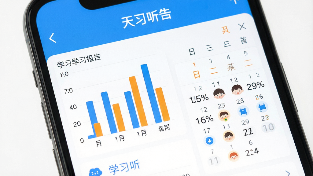 天天听读APP学习数据统计页面,手机屏幕显示柱状图与日历打卡记录,图表颜色为蓝色与橙色,界面中有“学习报告”标题与“天天听读”文字,背景为白色,风格清新明快,细节包含数字与百分比,画质清晰,干净整洁