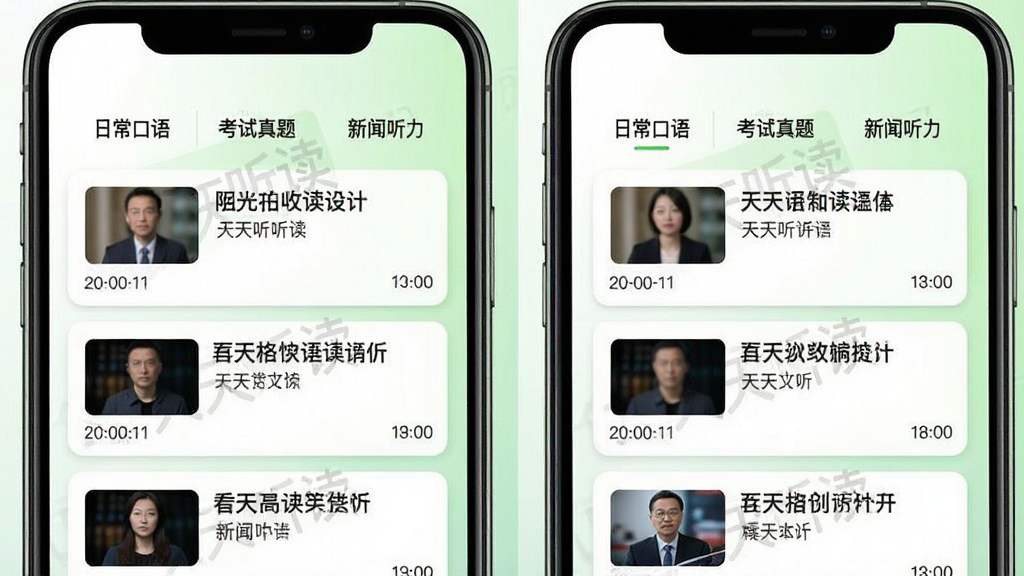 天天听读APP听力资源库界面,手机屏幕展示分类标签如“日常口语”“考试真题”“新闻听力”,每个分类下方排列音频条目与时长,整体采用卡片式布局,背景为白色与淡绿色渐变,画面中带有“天天听读”小字水印,风格清爽,画质清晰,无杂乱元素