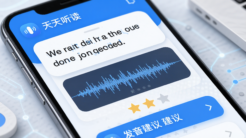 天天听读APP跟读评分界面,手机屏幕显示一句英文原文与用户录音波形对比,下方有评分星级与发音建议,界面采用圆角卡片设计,主色调为蓝色与白色,画面中包含“天天听读”文字,风格科技感十足,细节清晰,画质干净