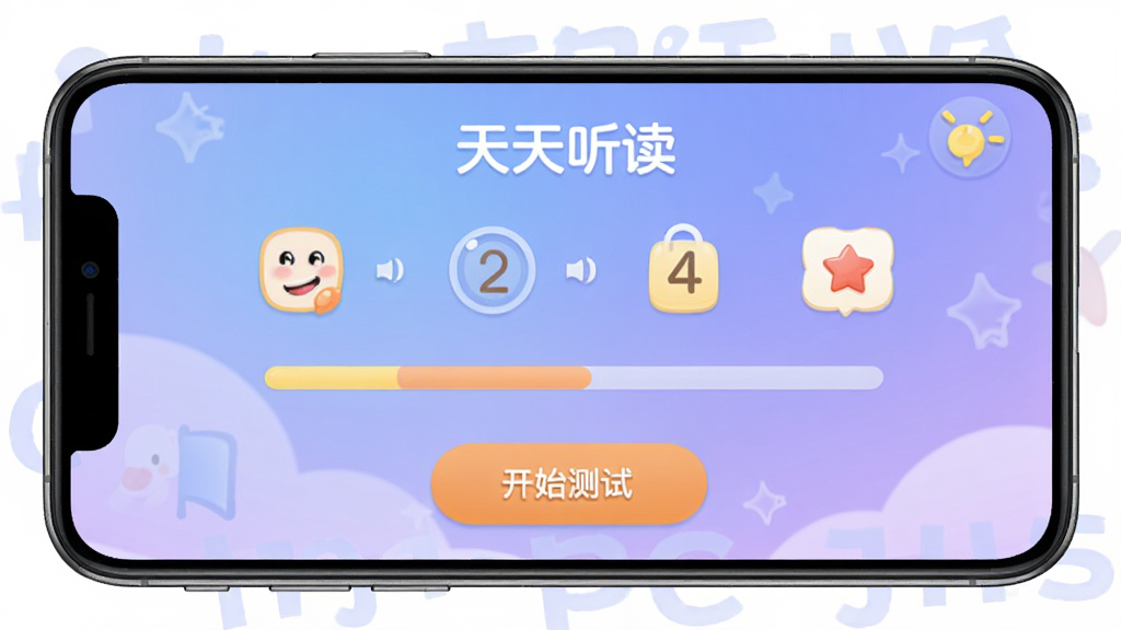 天天听读APP新手引导页面,手机屏幕显示水平测试题目与进度条,界面中有“开始测试”按钮与“天天听读”文字,背景为柔和的蓝紫色渐变,风格友好亲切,细节包含选项按钮与图标,画质清晰,无杂乱元素
