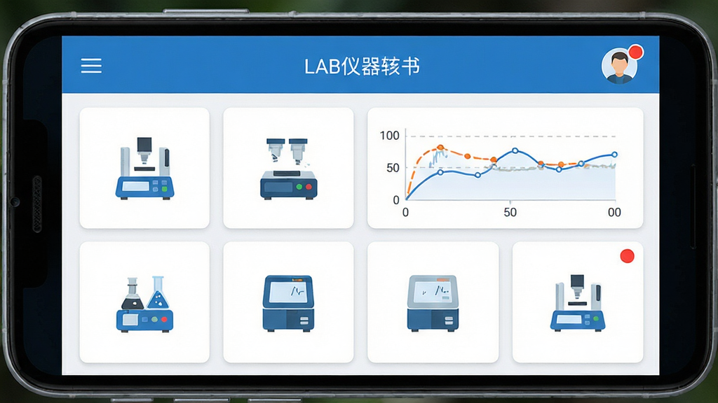 主体为一部安卓手机屏幕显示LAB仪器软件主界面,布局为上方标题栏下方功能卡片网格,排版居中对称,风格为科技蓝白配色扁平化设计,细节包括实验室仪器图标、数据曲线图、用户头像与通知红点,画质高清干净无多余元素