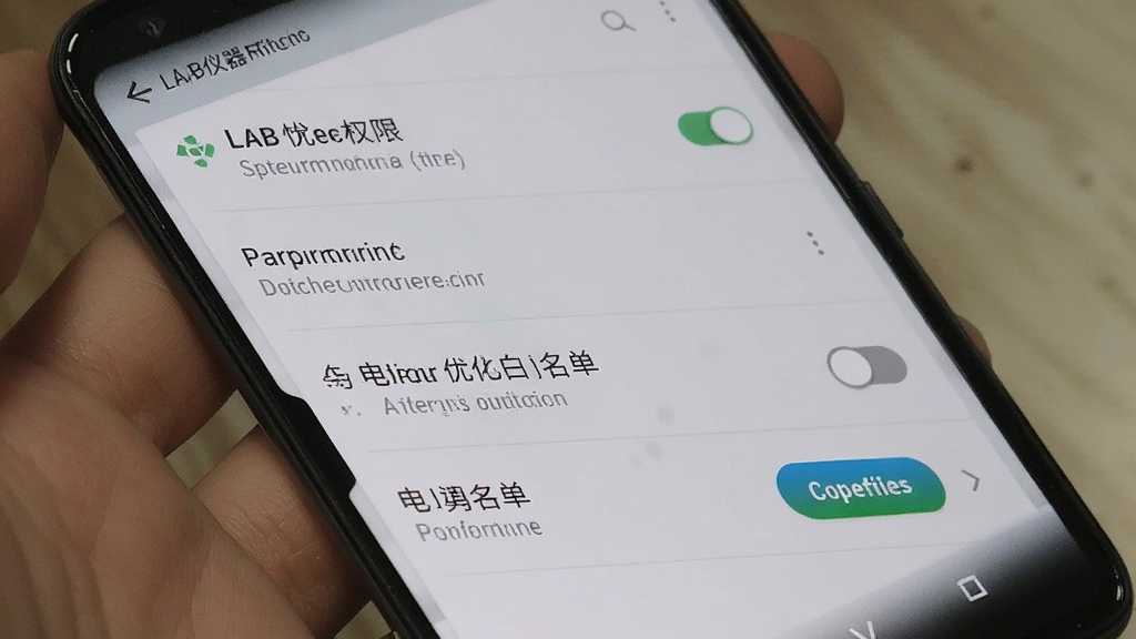 主体为安卓手机展示LAB仪器权限设置与电池优化白名单界面,布局为上下排列的设置项列表,排版整齐清晰,风格为浅灰质感极简风,细节包括权限开关、白名单按钮、提示文字、图标,画质高清干净无多余元素