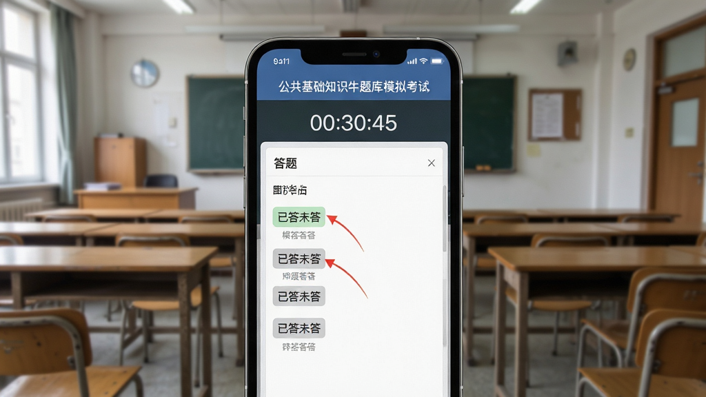公共基础知识牛题库APP模拟考试界面,屏幕显示考试倒计时和答题卡,答题卡上有已答未答标记,背景为考场教室场景,风格严肃认真,细节清晰,画质干净,无多余元素