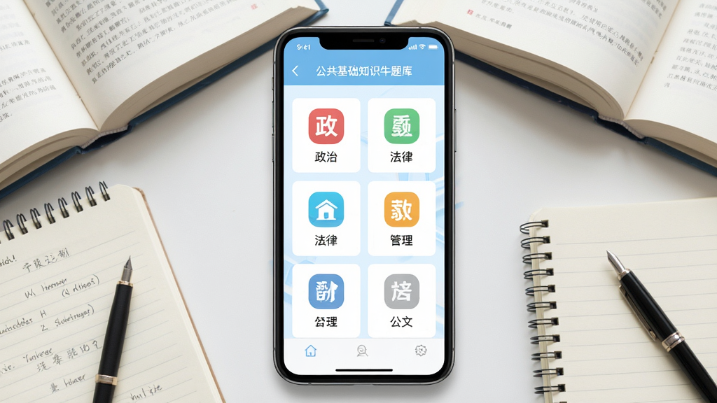 一张手机屏幕展示公共基础知识牛题库APP主界面,屏幕中央显示题库分类列表,包括政治、法律、经济、管理、公文等模块图标,背景为淡蓝色学习风格,手机周围散落书本和笔记,整体布局居中,风格写实清新,细节清晰,画质干净,无多余元素