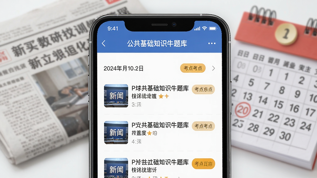 公共基础知识牛题库APP时政热点界面,屏幕显示新闻列表和考点标签,日期标注清晰,背景有报纸和日历元素,风格新闻资讯风,布局整齐,细节清晰,画质干净,无多余元素