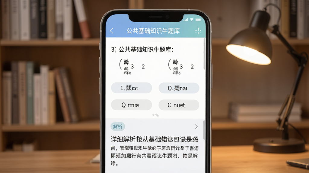 公共基础知识牛题库APP题目练习界面,屏幕显示一道选择题和四个选项,下方展开详细解析文字,界面配色柔和护眼,背景有书架和台灯,风格简约学习风,细节清晰,画质干净,无多余元素