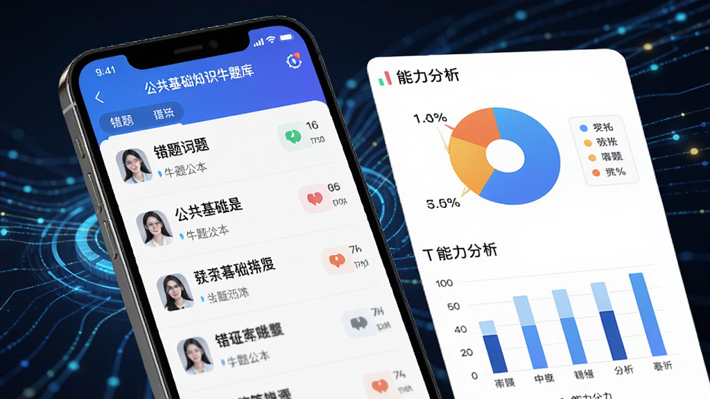 公共基础知识牛题库APP错题本界面,屏幕显示错题列表和能力分析图表,包括饼状图和柱状图,界面风格科技感,背景有数据流动线条,布局清晰,细节丰富,画质干净,无多余元素
