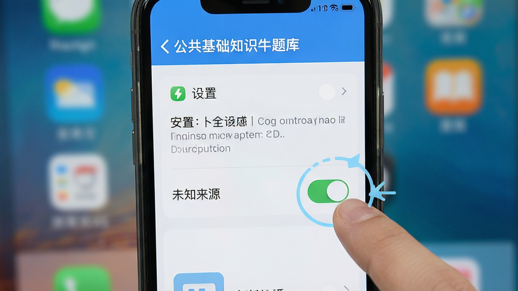 公共基础知识牛题库APP在手机上的安装权限设置界面,屏幕显示安全设置和未知来源开关,旁边有手指点击操作示意,背景为手机桌面,风格教程指引风,细节清晰,画质干净,无多余元素