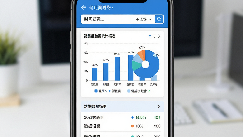 微售后数据统计报表界面,主体为手机屏幕展示柱状图与饼图,布局为顶部时间筛选、中部图表区域、底部数据摘要,排版清晰直观,风格为简约商务蓝白配色,细节包括百分比数字、图例标注、趋势箭头,画质高清,干净,无多余元素