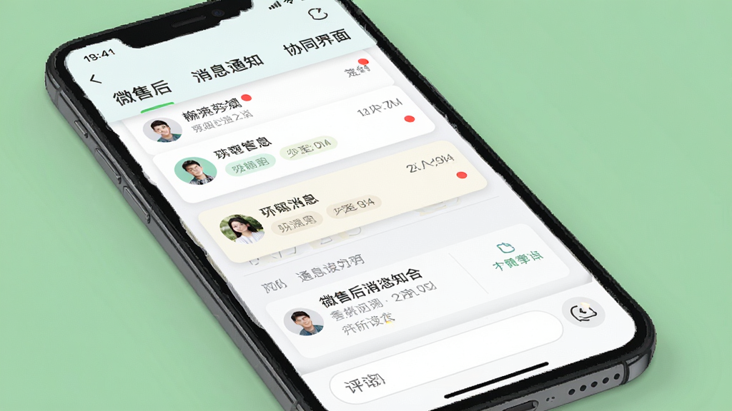 微售后消息通知与协同界面,主体为手机屏幕显示消息列表与工单评论区,布局为顶部通知分类、中部消息卡片、底部输入框,排版紧凑合理,风格为清新浅色风,细节包括未读红点、头像、时间标签,画质高清,干净,无多余元素