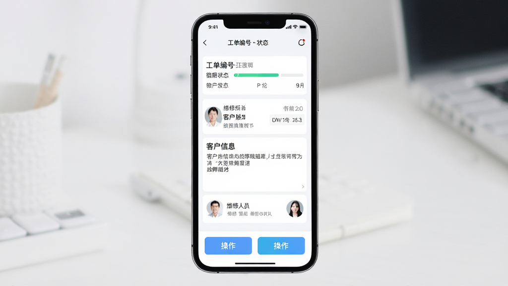 微售后工单管理功能界面,主体为手机屏幕显示工单详情页,布局为顶部工单编号与状态、中部客户信息与故障描述、底部操作按钮,排版纵向排列,风格为清爽浅色商务风,细节包括进度条、时间节点、维修人员头像,画质高清,干净,无多余元素