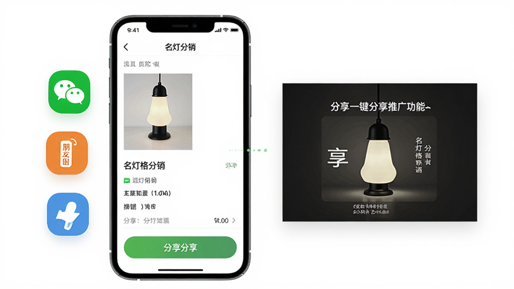 名灯格分销一键分享推广功能展示,手机屏幕显示商品详情页与分享按钮,旁边浮现微信、朋友圈等社交图标,画面中有分享海报预览,整体风格简洁明快,移动应用UI设计,细节清晰,画质高清,干净无多余元素