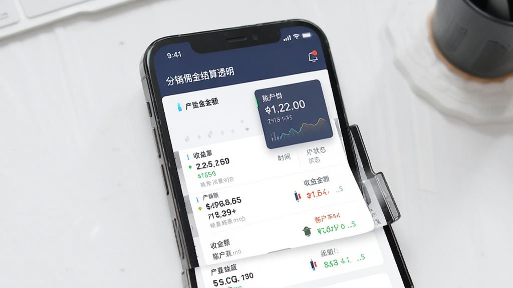 名灯格分销佣金结算透明界面,手机屏幕展示佣金明细列表与账户余额卡片,包含收益金额、时间与状态,整体采用金融类应用风格,配色沉稳,布局清晰,画质高清,干净无多余元素