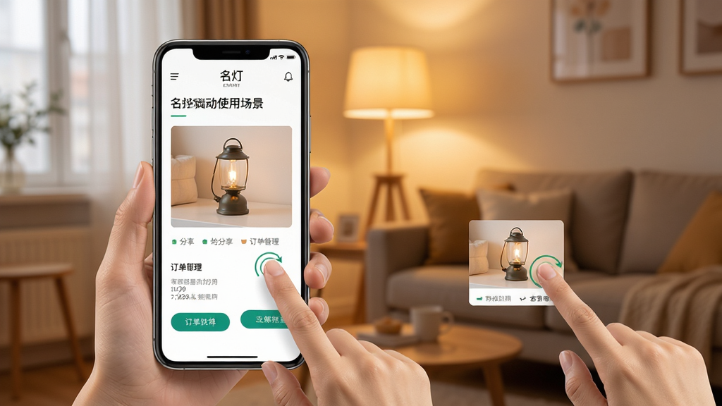 名灯格分销移动端使用场景展示,手机屏幕显示商品分享与订单管理界面,旁边有手指点击操作示意,背景为温馨家居灯光环境,整体风格生活化,布局清晰,画质高清,干净无多余元素