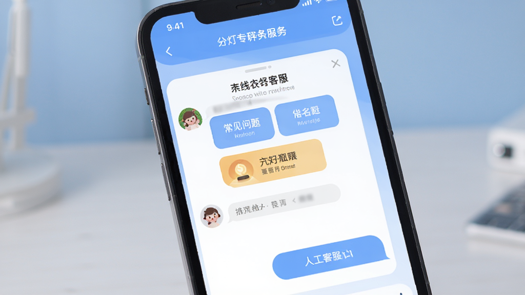 名灯格分销专属客户服务界面,手机屏幕显示在线客服聊天窗口,包含常见问题快捷按钮与人工客服入口,背景为柔和蓝色调,界面友好亲切,现代应用UI风格,画质清晰,干净无多余元素