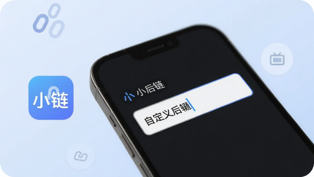一张表现“小链”软件自定义短链后缀功能的图片,画面中央是一部手机,屏幕上显示着输入框内正在编辑自定义后缀文字,旁边有“小链”的标识,背景为柔和的浅蓝色,布局聚焦于输入区域,风格清新简约,细节清晰,画质高清,干净利落