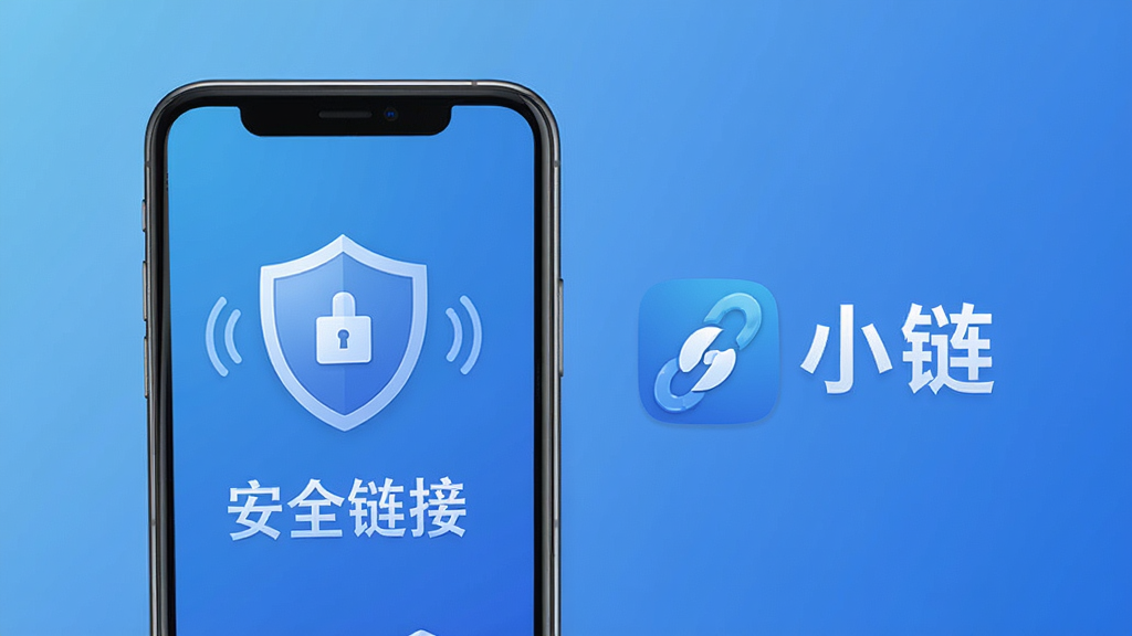 一张展示“小链”软件安全使用提示的图片,画面为一部手机屏幕显示着盾牌图标和“安全链接”字样,旁边有“小链”标识,背景为平静的蓝色渐变,布局简洁明了,风格稳重可靠,细节清晰,画质高清,无多余元素