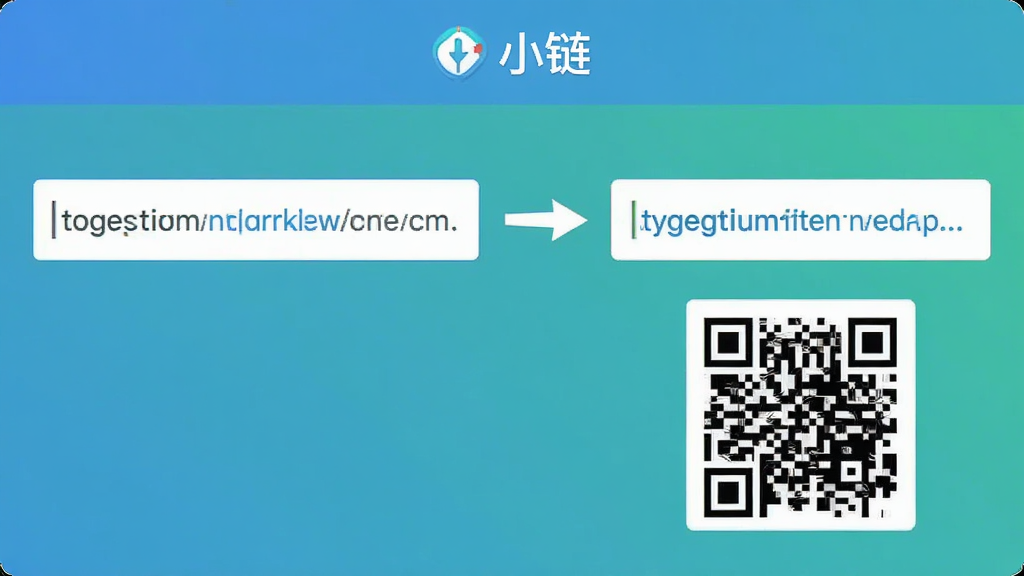 一张展示“小链”功能界面的图片,画面中左侧显示长链接输入框,中间有箭头指向右侧的短链接结果,短链接下方附带二维码图案,界面顶部有“小链”标识,整体采用扁平化设计风格,配色清爽,画质干净,无多余装饰元素