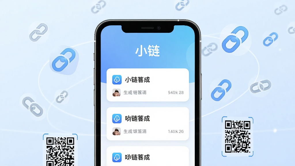 一张展示手机屏幕的画面,屏幕中央显示“小链”应用界面,上方有“小链”文字标识,界面中排列着多条已生成的短链接卡片,背景为浅蓝色渐变,手机周围环绕着链接图标和二维码元素,整体风格简洁现代,画质清晰,干净无多余元素