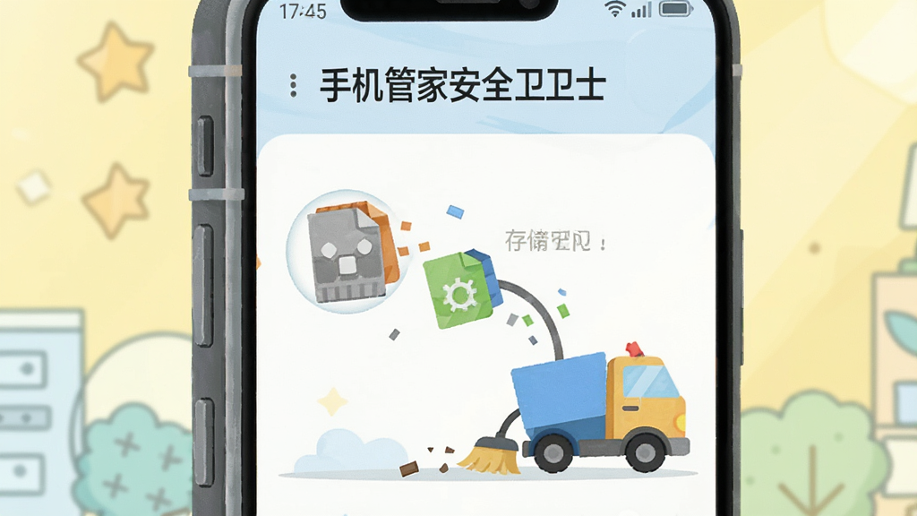 手机屏幕显示存储空间清理界面,垃圾文件图标被吸入清扫车,界面显示