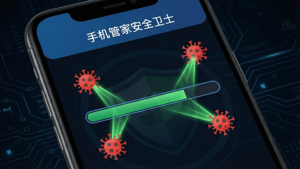 手机屏幕显示病毒扫描进度条,周围有红色病毒图标被绿色扫描光线逐一清除,界面顶部显示