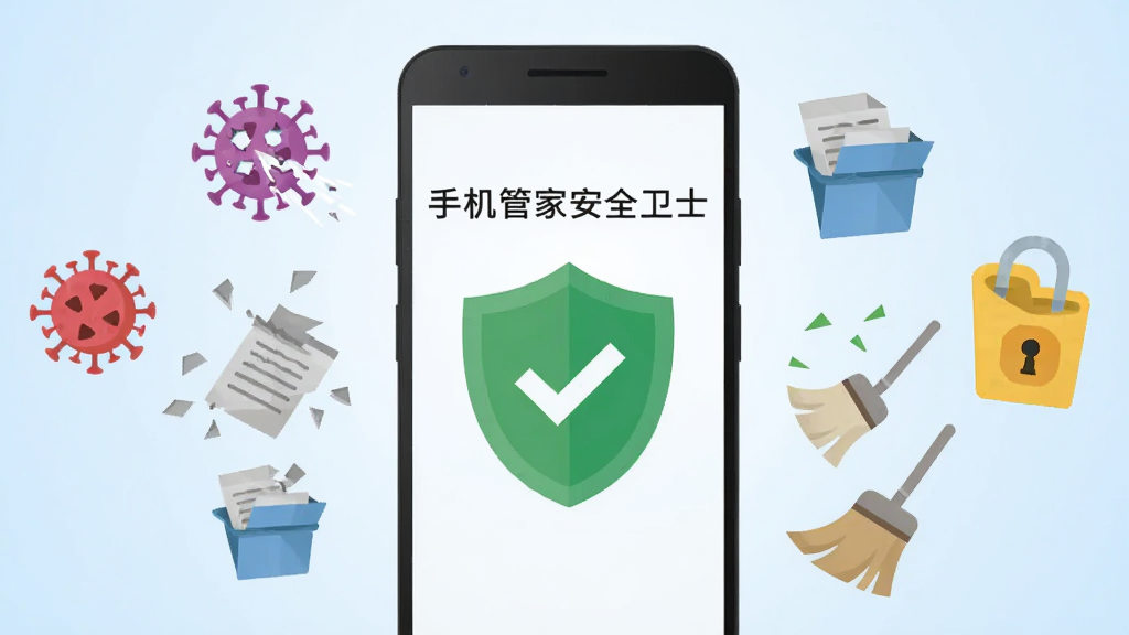 一部安卓手机屏幕中央显示绿色盾牌图标,盾牌上方写着