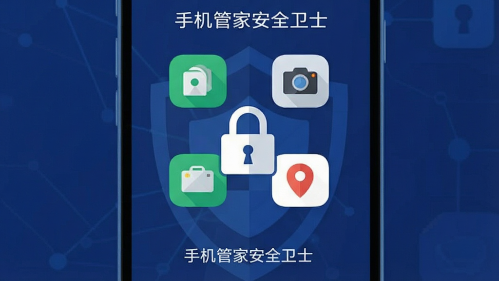 手机屏幕显示隐私保护界面,锁形图标守护着通讯录、相机、位置等图标,界面显示