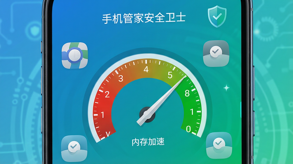 手机屏幕显示内存加速界面,速度仪表盘指针从红色区域转向绿色区域,周围有应用图标被关闭,界面顶部显示