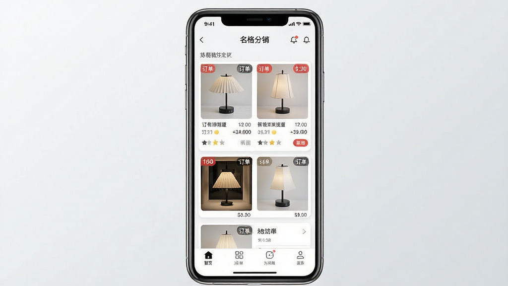 一张手机屏幕展示名灯格分销软件主界面的场景图,画面中央是手机正视图,屏幕内显示灯饰商品列表与分销数据看板,背景为简洁的浅灰渐变,风格现代商务,细节包括灯具缩略图、订单数字角标、底部导航栏图标,画质清晰,干净,无多余元素