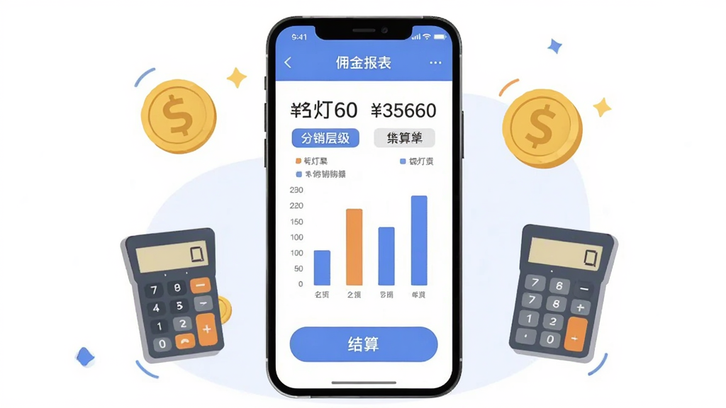 名灯格分销佣金结算页面示意图,画面中心为手机屏幕显示佣金报表与柱状图,周围环绕金币与计算器图标,布局为居中构图,风格扁平化插画风,细节包括数字金额、分销层级标签、结算按钮,画质清晰,干净,无多余元素