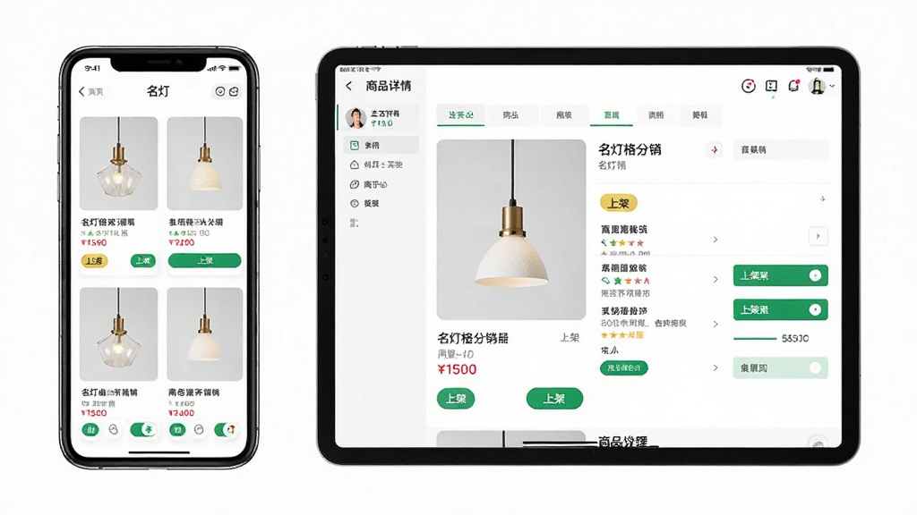 名灯格分销商品管理界面展示图,画面左侧为手机屏幕显示灯具商品卡片列表,右侧为平板屏幕显示商品详情编辑页面,布局为左右分栏,风格清爽简约,细节包括吊灯图片、价格标签、上架按钮,画质清晰,干净,无多余元素
