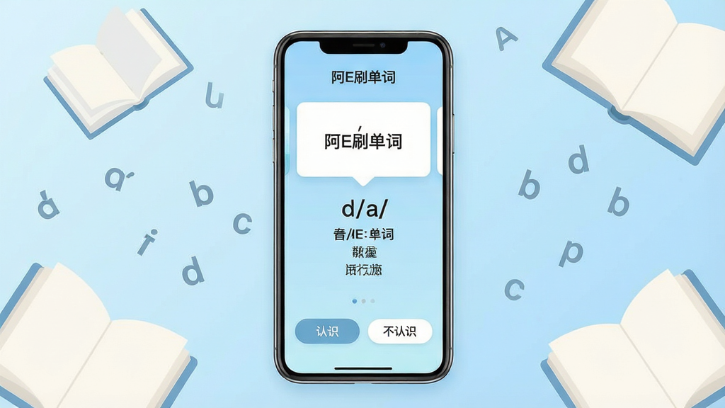 一张展示手机屏幕的图片,屏幕中央显示“阿E刷单词”应用界面,界面设计简洁清新,顶部有单词卡片,中间有音标和释义,底部有“认识”和“不认识”按钮,背景为柔和的浅蓝色渐变,周围点缀着翻开的书本和飘浮的字母元素,整体风格扁平化,画质清晰干净,无多余元素