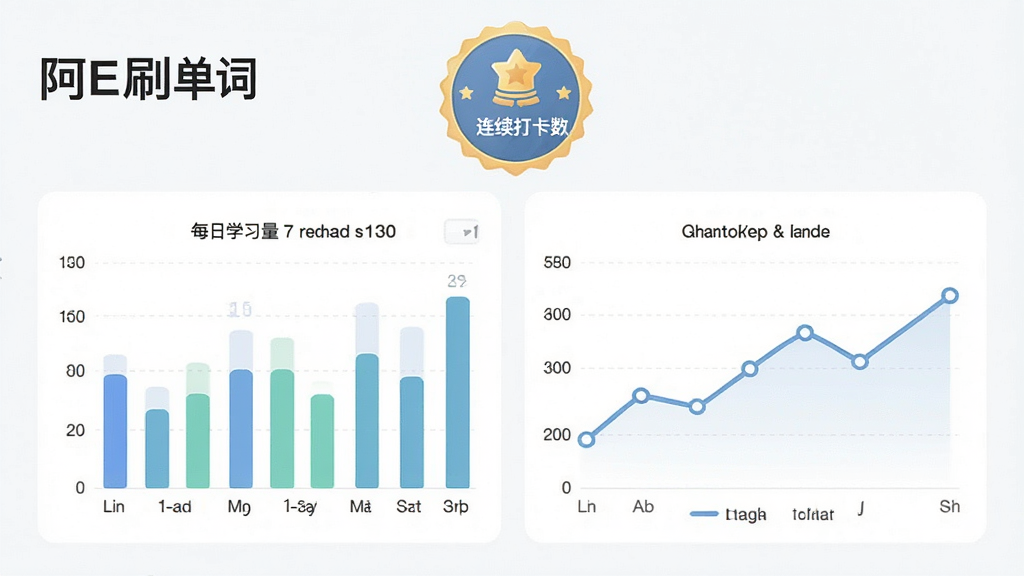 一张展示“阿E刷单词”学习数据统计页面的图片,页面中有柱状图和折线图展示每日学习量,顶部有连续打卡天数的徽章图标,背景为白色,风格清新浅色,画质清晰,无多余元素