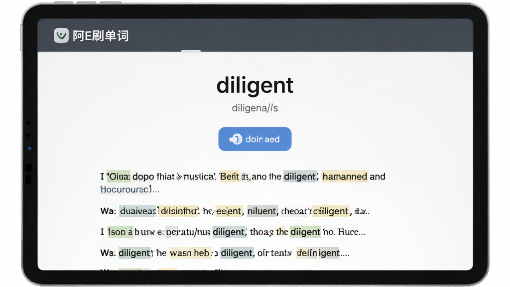 一张展示“阿E刷单词”单词详情页的图片,页面中央有单词“diligent”及其音标,下方有发音按钮和多个例句,例句中有高亮标记,背景为浅灰色,风格简约商务,画质清晰,无多余元素