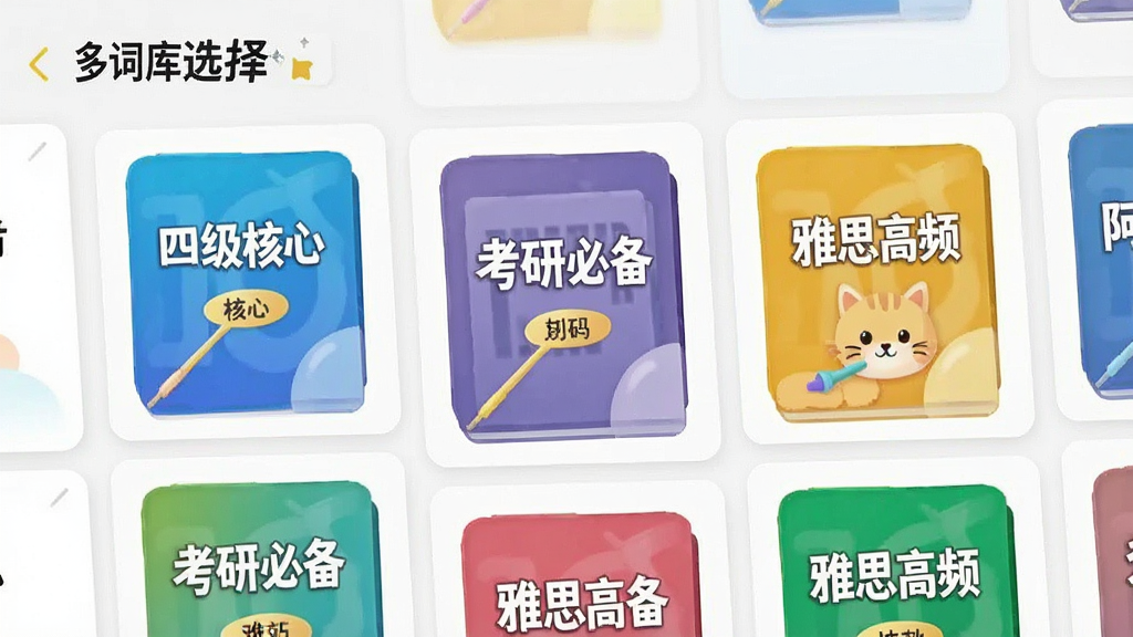 一张展示“阿E刷单词”多词库选择界面的图片,画面中排列着多个彩色词库封面,如“四级核心”“考研必备”“雅思高频”等标签清晰可见,背景为白色卡片式布局,风格干净整洁,光线明亮,画质细腻,无多余元素