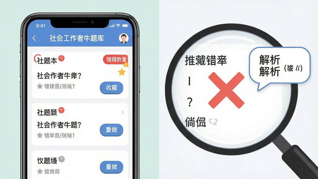 画面左侧是一部手机,屏幕显示“社会工作者牛题库”错题本列表,右侧是放大镜聚焦在一道错题上,错题旁有红色叉号与解析气泡,布局为左右对比构图,风格为扁平化学习工具风,细节包含错题数量角标、收藏星标与重做按钮,画质高清,画面干净,无多余元素