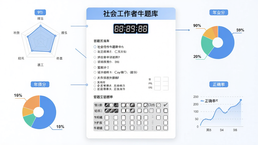 画面中央是一张虚拟试卷,试卷上方显示“社会工作者牛题库”字样与倒计时数字,试卷周围环绕雷达图、得分饼图与年份标签,布局为环绕式构图,风格为简约数据可视化风,细节包含选择题选项、答题卡涂卡区域与正确率曲线,画质高清,画面干净,无多余元素