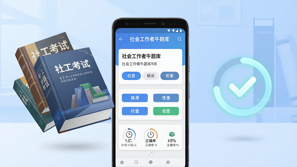画面中央放置一部安卓手机,手机屏幕上显示“社会工作者牛题库”APP的练习答题界面,左侧漂浮几本厚重的社工考试教材,右侧悬浮一个发光的对勾图标与进度环,背景是淡蓝色渐变书桌场景,布局采用居中对称构图,风格为扁平化科技教育风,细节包含题目卡片、选项按钮、计时器与正确率百分比,画质高清,画面干净,无多余元素