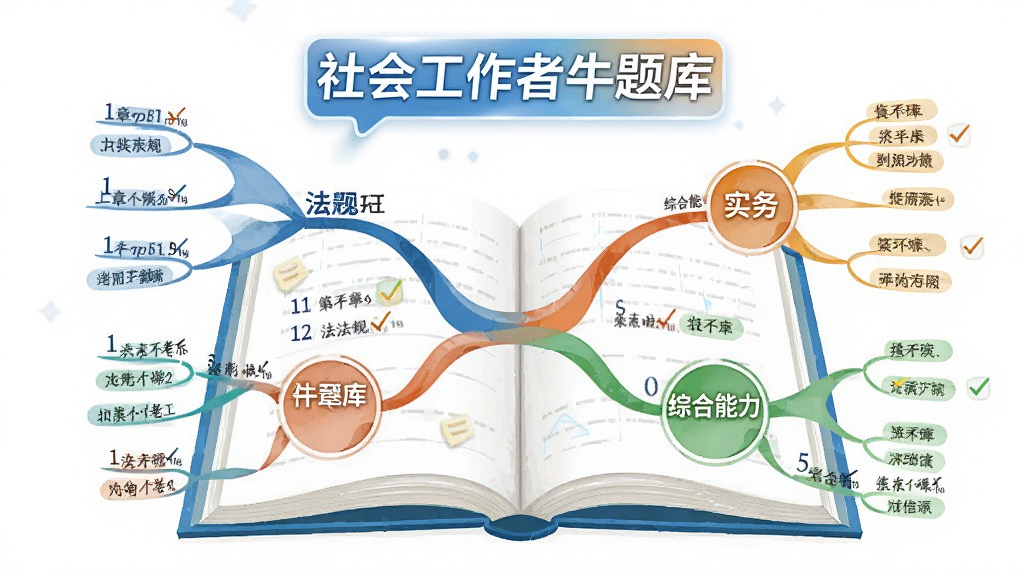 画面主体为一本翻开的电子教材,书页上方悬浮“社会工作者牛题库”文字标识,书页中延伸出多条彩色思维导图线条,分别连接法规、实务、综合能力三个圆形图标,布局为中心发散式,风格为清新学术插画风,细节包含章节编号、考点标签与对勾标记,画质高清,画面干净,无多余元素