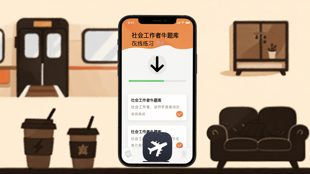 画面中一部手机处于飞行模式图标下方,手机屏幕显示“社会工作者牛题库”离线练习界面,周围有地铁、咖啡杯、沙发等生活元素剪影,布局为环绕生活场景构图,风格为温馨插画风,细节包含离线下载箭头、进度条与题目卡片,画质高清,画面干净,无多余元素