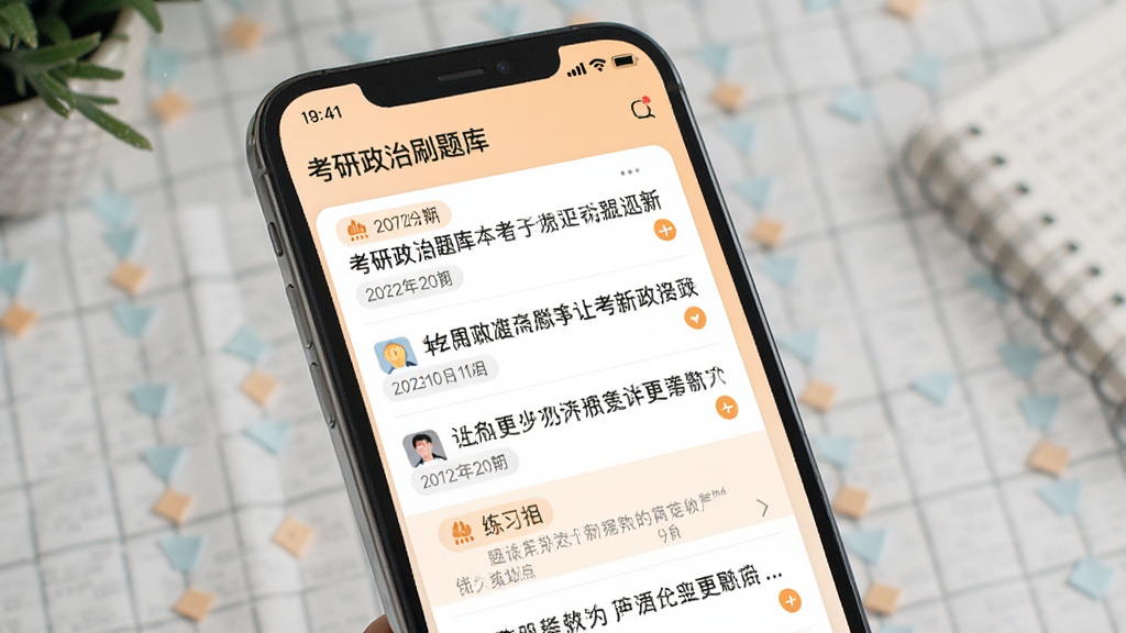 考研政治刷题库时政专栏界面展示,手机屏幕显示最新时政新闻列表和配套练习题,风格现代,细节包含日期标签和热点图标,背景为浅橙色,排版整齐,画质高清,干净,无多余元素