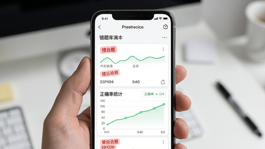 考研政治刷题库错题本页面展示,画面为手机屏幕,显示错题列表和正确率统计图表,界面风格简洁明快,细节包含红色错题标签和绿色正确率折线,背景为白色,排版清晰,画质高清,干净,无多余元素