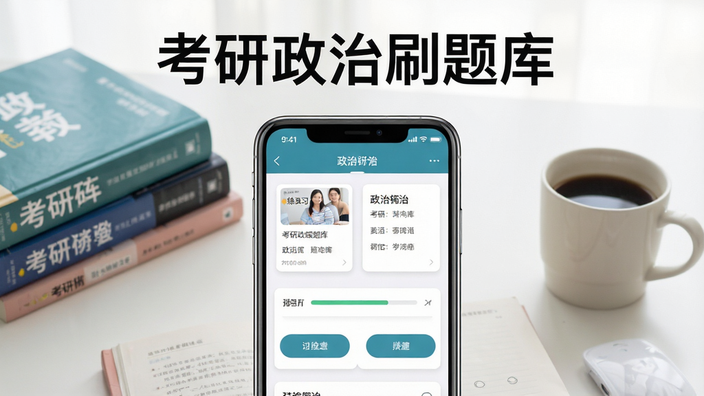 考研政治刷题库软件主界面展示,画面中央放置一部智能手机,屏幕显示政治题库练习页面,上方有考研政治刷题库文字标题,背景为书桌场景,摆放考研书籍和咖啡杯,布局简洁,排版清晰,风格为现代扁平化设计,细节包括题库卡片、进度条和选项按钮,画质高清,干净,无多余元素