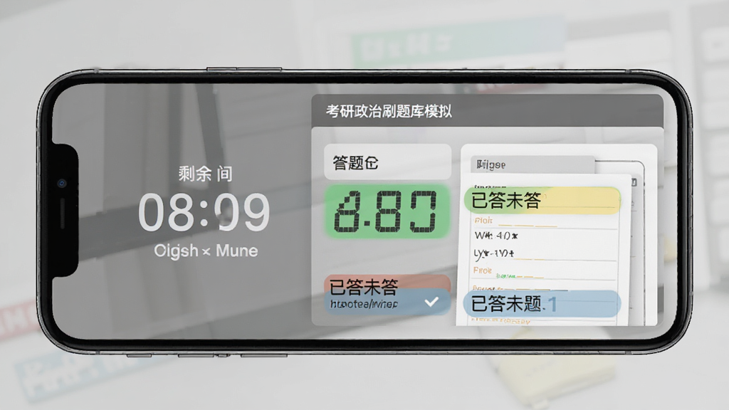考研政治刷题库模拟考试界面展示,手机屏幕显示倒计时和答题卡,风格严肃专业,细节有考试剩余时间数字和已答未答题目颜色区分,背景为灰色调,排版规整,画质清晰,干净,无多余元素