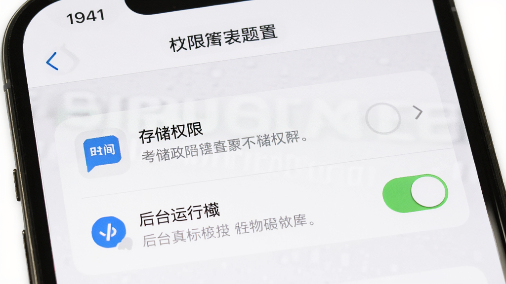 考研政治刷题库安装设置界面展示,手机屏幕显示权限管理页面,画面中有存储权限和后台运行权限开关,风格为系统设置界面,细节包含权限图标和说明文字,背景为白色,排版清晰,画质高清,干净,无多余元素