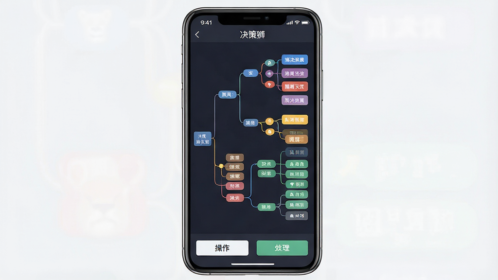 一张决策狮软件内决策模型界面的展示图,画面主体是手机屏幕,屏幕上显示着一个彩色的决策树状图,分支清晰,节点上标注着不同的选项,布局为手机特写居中,风格简洁商务,细节包括屏幕顶部的“决策狮”标题和底部的操作按钮,画质清晰,干净,无多余元素
