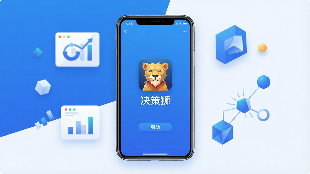 一张展示决策狮软件核心界面的概念图,画面中央是一部智能手机,屏幕显示着决策狮的启动页面,背景是简洁的蓝白色调,周围漂浮着代表分析、数据、逻辑的抽象几何图形,主体是手机和软件界面,布局居中,风格现代科技感,细节包括清晰的APP图标和名称“决策狮”,画质高清,干净,无多余元素