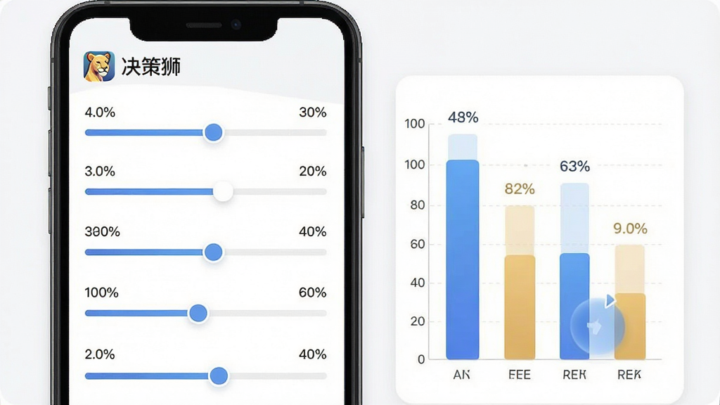 一张展示决策狮权重评分功能的示意图,画面主体是手机界面,显示着多个滑动条和对应的百分比数值,旁边有柱状图对比,布局为界面截图风格,排版清晰,风格简约现代,细节包括“决策狮”的应用logo,画质高清,干净,无多余元素